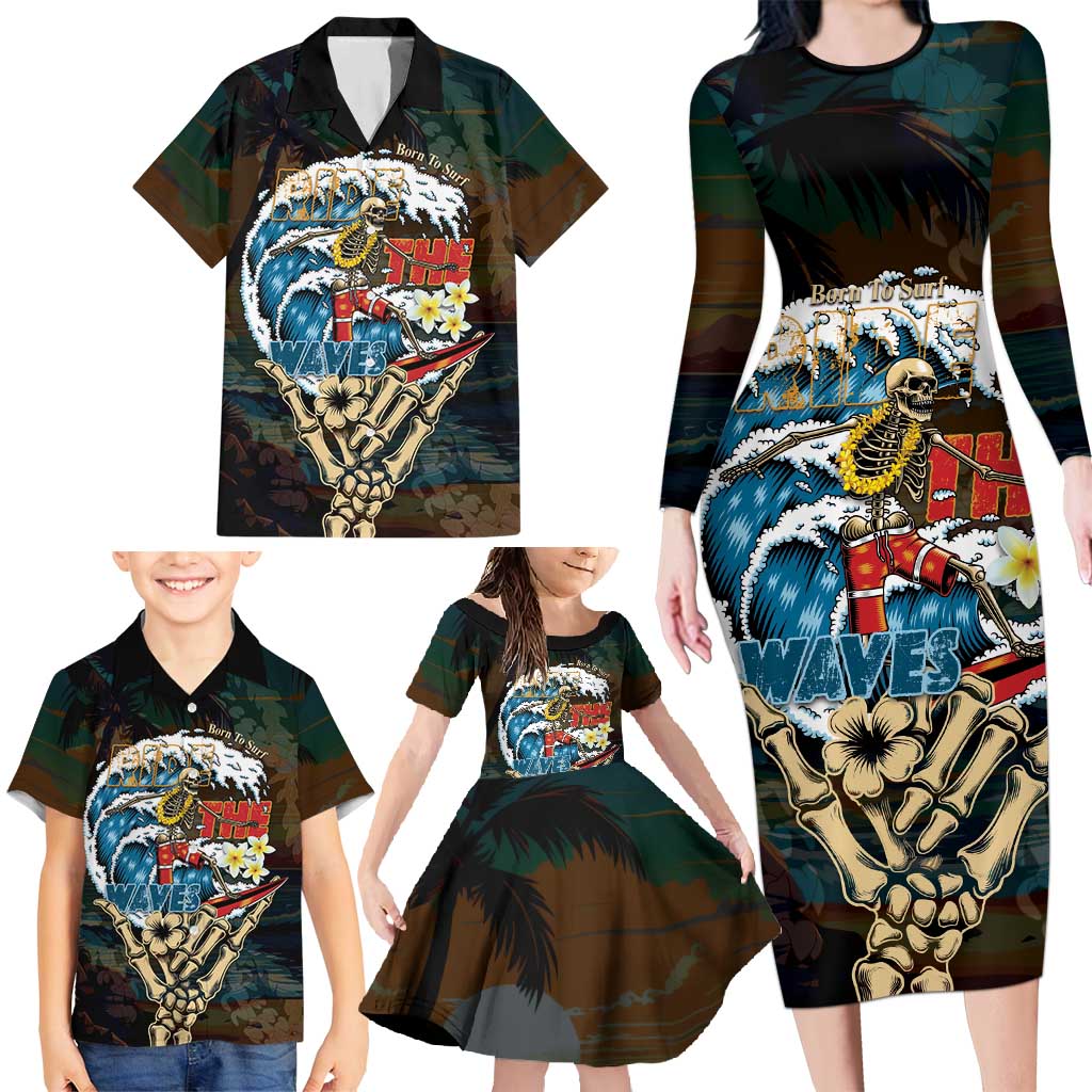 Aloha Hawaii Surfing Skull Family Matching Long Sleeve Bodycon Dress and Hawaiian Shirt Shaka Skeleton Ride The Waves - Wonder Print Shop