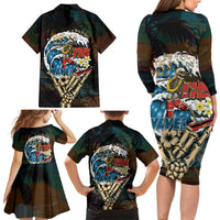 Aloha Hawaii Surfing Skull Family Matching Long Sleeve Bodycon Dress and Hawaiian Shirt Shaka Skeleton Ride The Waves - Wonder Print Shop