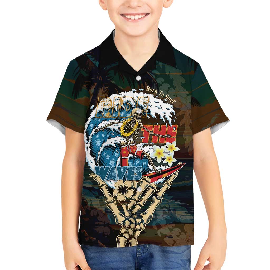 Aloha Hawaii Surfing Skull Family Matching Long Sleeve Bodycon Dress and Hawaiian Shirt Shaka Skeleton Ride The Waves - Wonder Print Shop