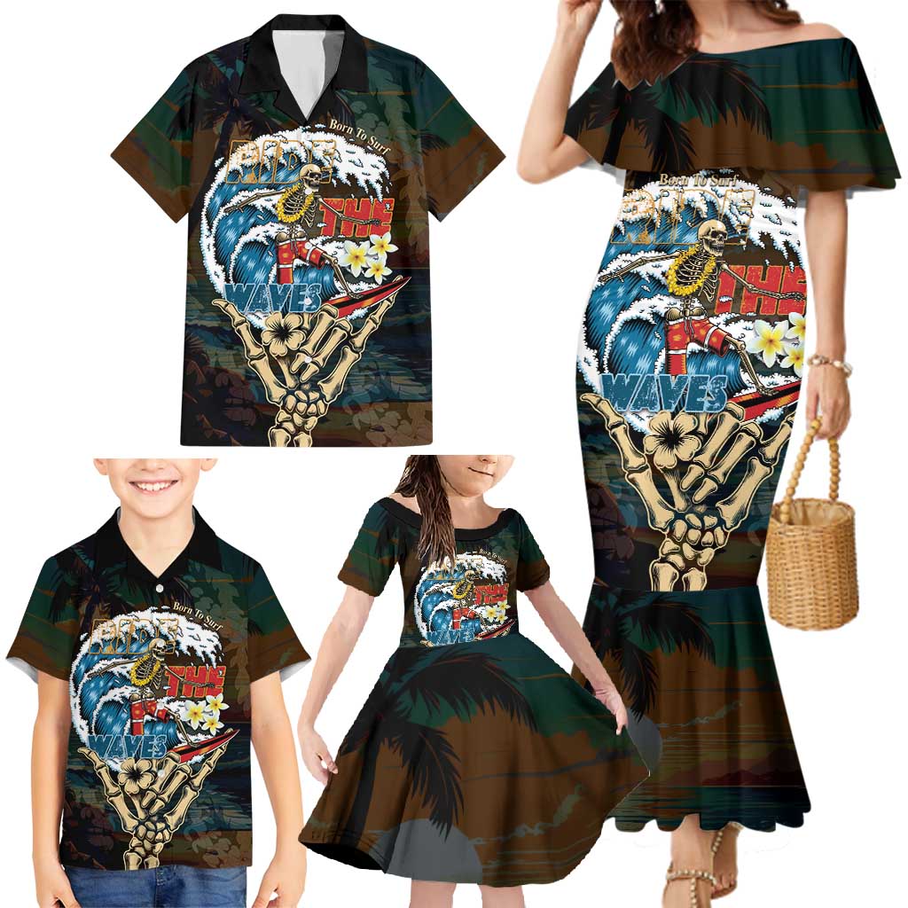 Aloha Hawaii Surfing Skull Family Matching Mermaid Dress and Hawaiian Shirt Shaka Skeleton Ride The Waves - Wonder Print Shop