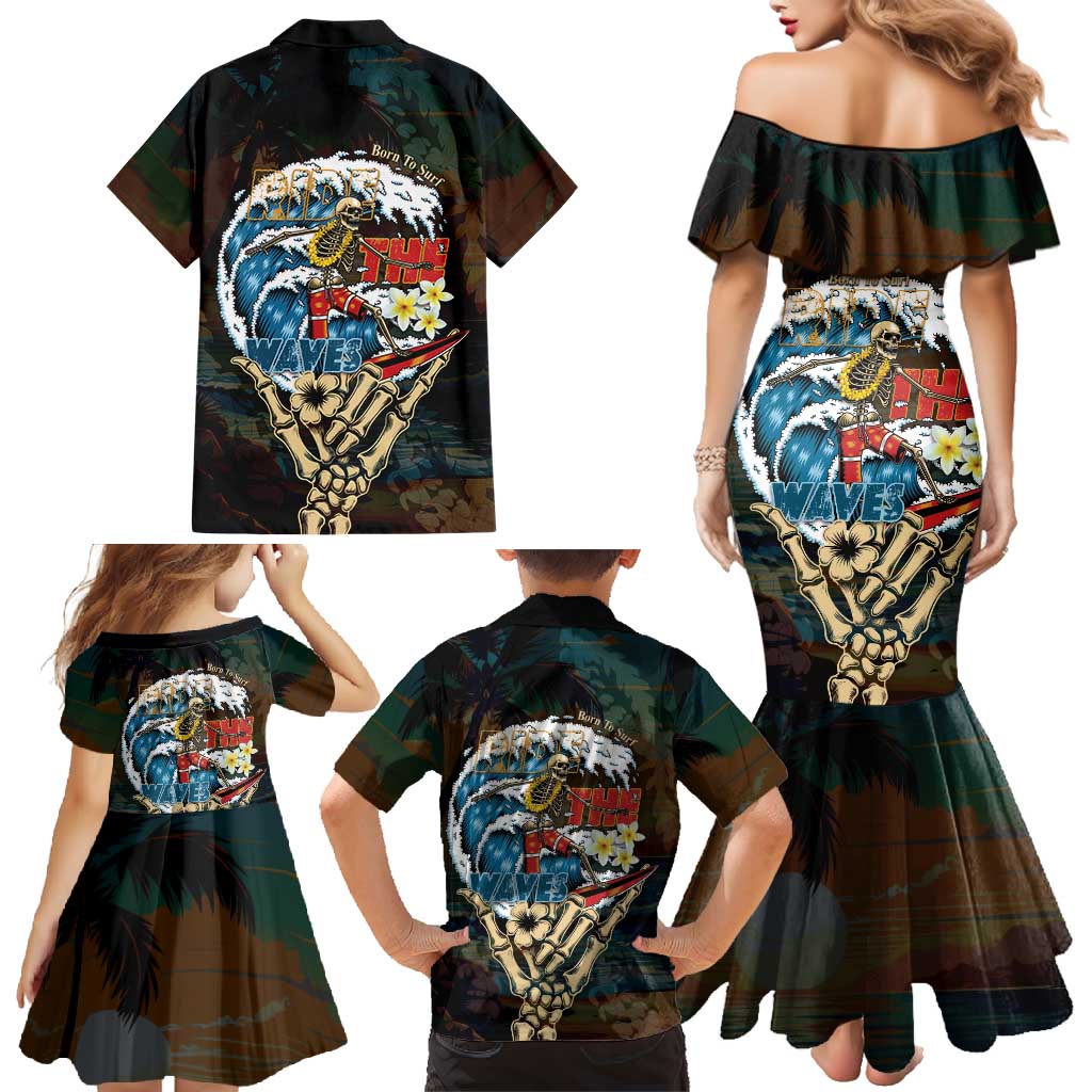 Aloha Hawaii Surfing Skull Family Matching Mermaid Dress and Hawaiian Shirt Shaka Skeleton Ride The Waves - Wonder Print Shop