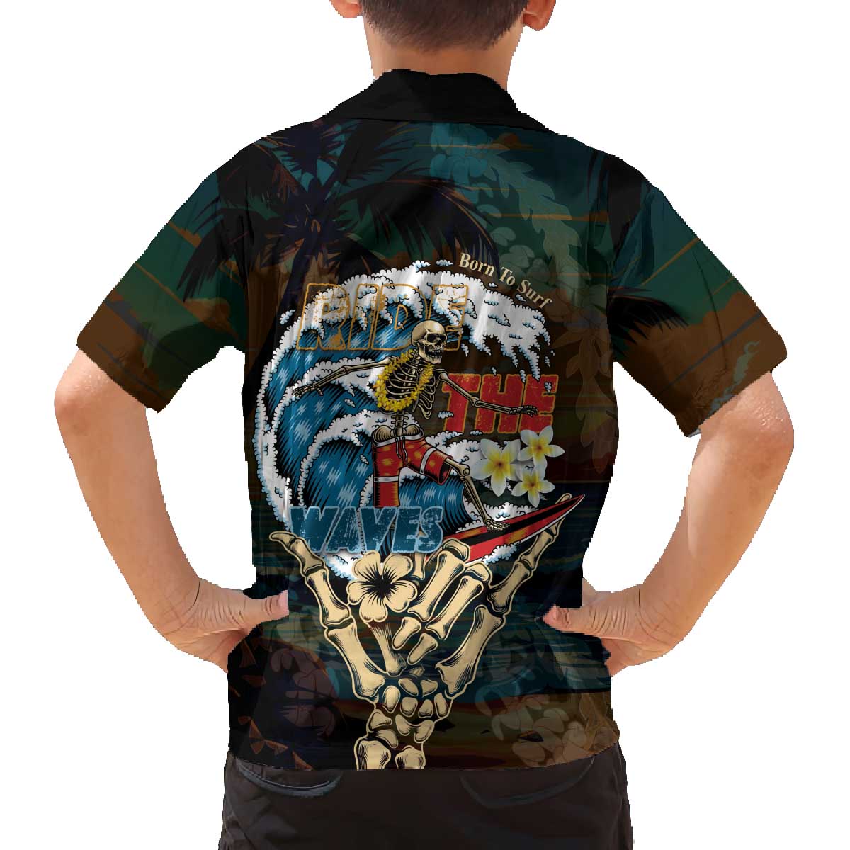 Aloha Hawaii Surfing Skull Family Matching Off The Shoulder Long Sleeve Dress and Hawaiian Shirt Shaka Skeleton Ride The Waves - Wonder Print Shop