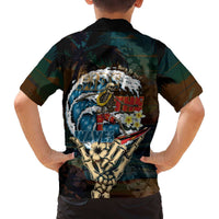 Aloha Hawaii Surfing Skull Family Matching Off The Shoulder Long Sleeve Dress and Hawaiian Shirt Shaka Skeleton Ride The Waves - Wonder Print Shop