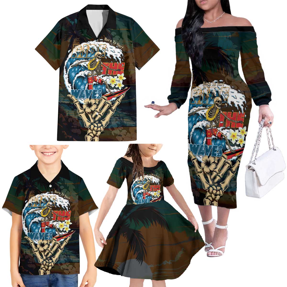 Aloha Hawaii Surfing Skull Family Matching Off The Shoulder Long Sleeve Dress and Hawaiian Shirt Shaka Skeleton Ride The Waves - Wonder Print Shop