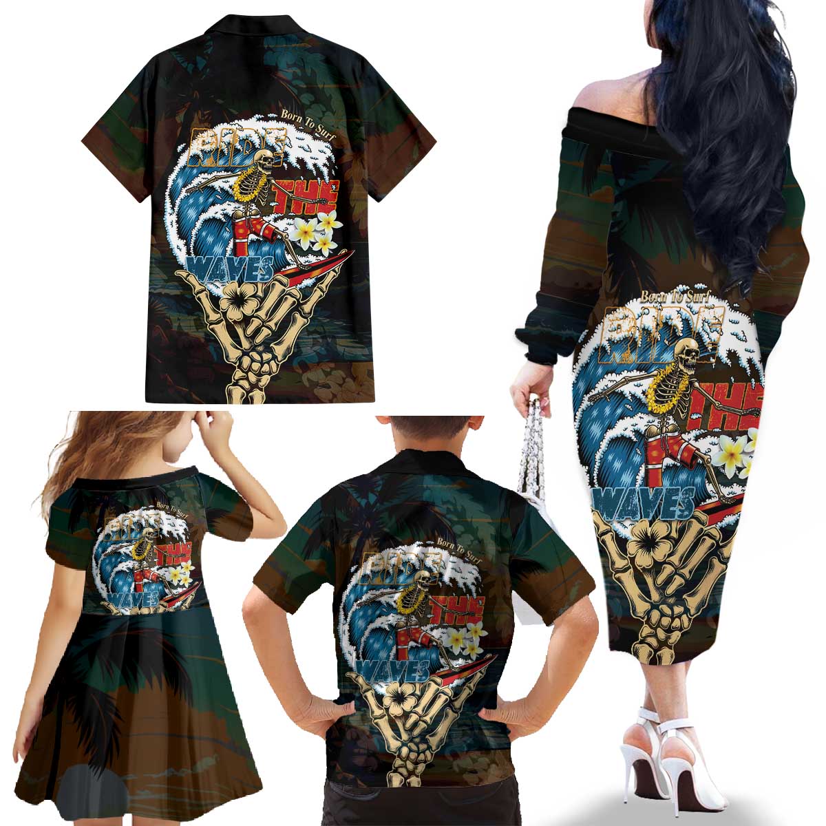 Aloha Hawaii Surfing Skull Family Matching Off The Shoulder Long Sleeve Dress and Hawaiian Shirt Shaka Skeleton Ride The Waves - Wonder Print Shop