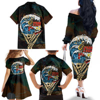 Aloha Hawaii Surfing Skull Family Matching Off The Shoulder Long Sleeve Dress and Hawaiian Shirt Shaka Skeleton Ride The Waves - Wonder Print Shop