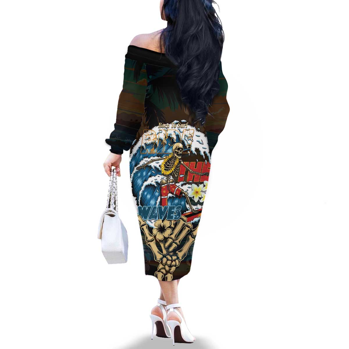 Aloha Hawaii Surfing Skull Family Matching Off The Shoulder Long Sleeve Dress and Hawaiian Shirt Shaka Skeleton Ride The Waves - Wonder Print Shop