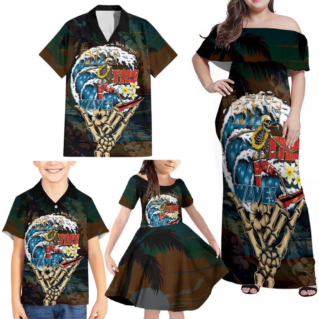 Aloha Hawaii Surfing Skull Family Matching Off Shoulder Maxi Dress and Hawaiian Shirt Shaka Skeleton Ride The Waves - Wonder Print Shop