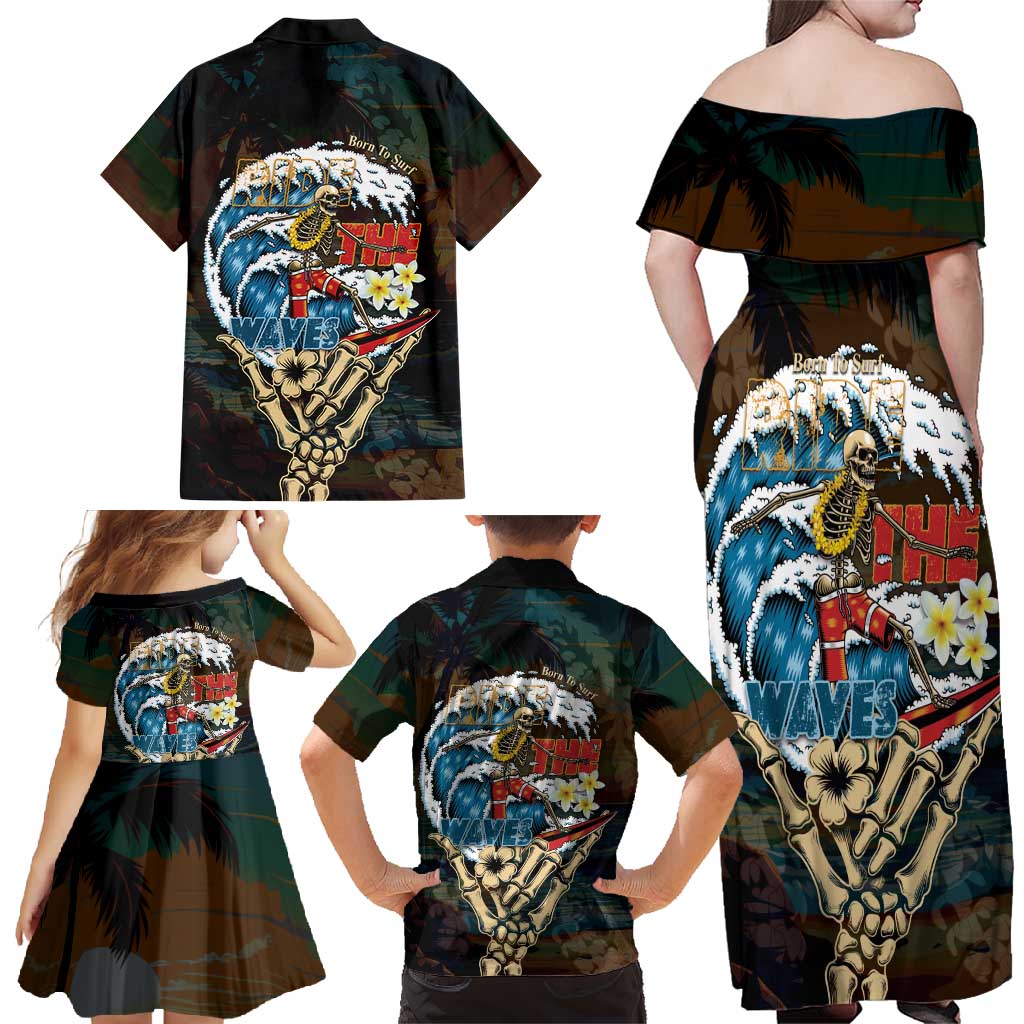 Aloha Hawaii Surfing Skull Family Matching Off Shoulder Maxi Dress and Hawaiian Shirt Shaka Skeleton Ride The Waves - Wonder Print Shop