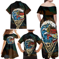 Aloha Hawaii Surfing Skull Family Matching Off Shoulder Maxi Dress and Hawaiian Shirt Shaka Skeleton Ride The Waves - Wonder Print Shop