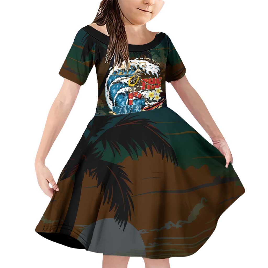 Aloha Hawaii Surfing Skull Family Matching Off Shoulder Short Dress and Hawaiian Shirt Shaka Skeleton Ride The Waves - Wonder Print Shop