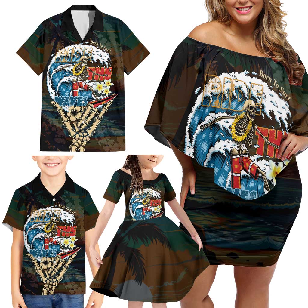 Aloha Hawaii Surfing Skull Family Matching Off Shoulder Short Dress and Hawaiian Shirt Shaka Skeleton Ride The Waves - Wonder Print Shop