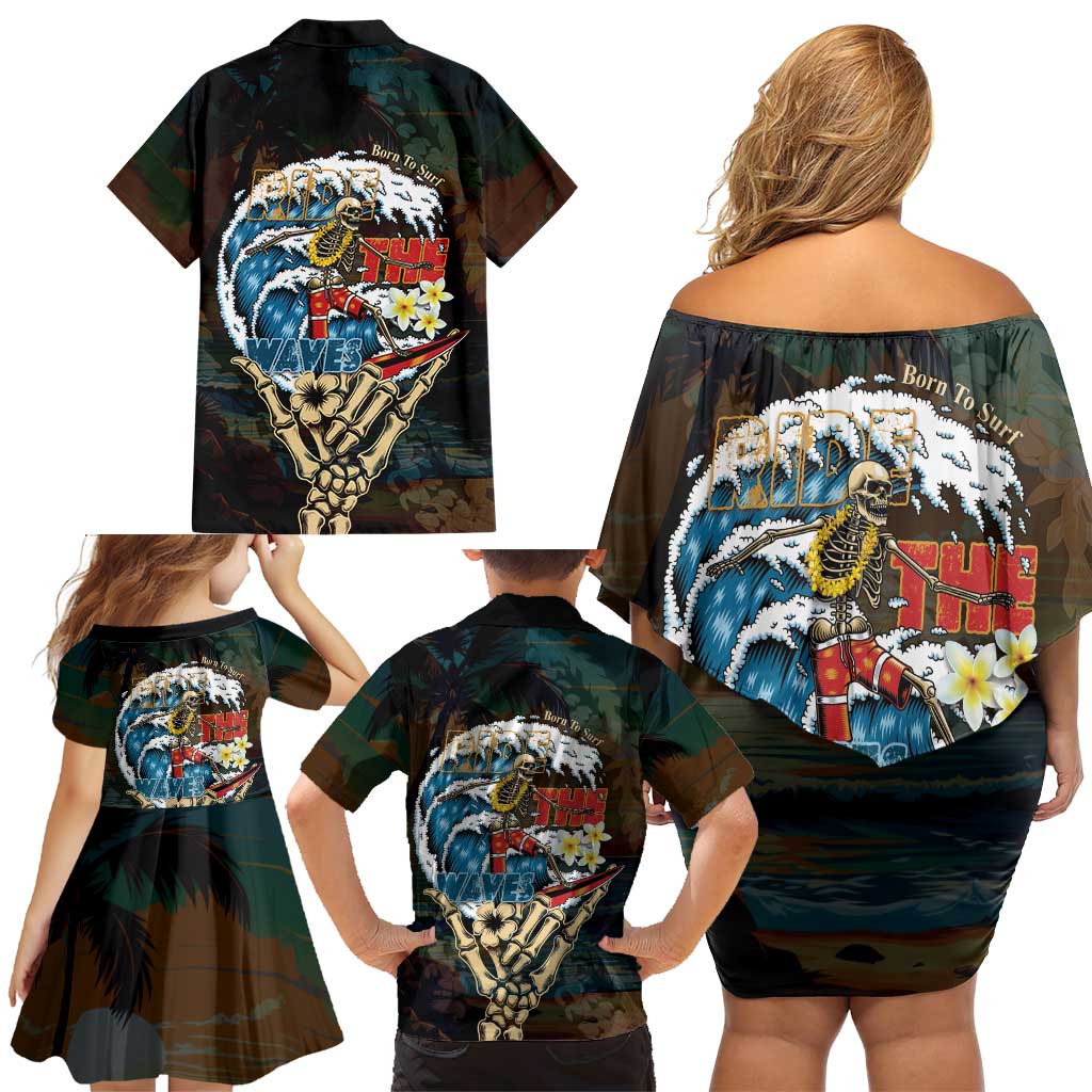 Aloha Hawaii Surfing Skull Family Matching Off Shoulder Short Dress and Hawaiian Shirt Shaka Skeleton Ride The Waves - Wonder Print Shop