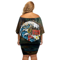 Aloha Hawaii Surfing Skull Family Matching Off Shoulder Short Dress and Hawaiian Shirt Shaka Skeleton Ride The Waves - Wonder Print Shop