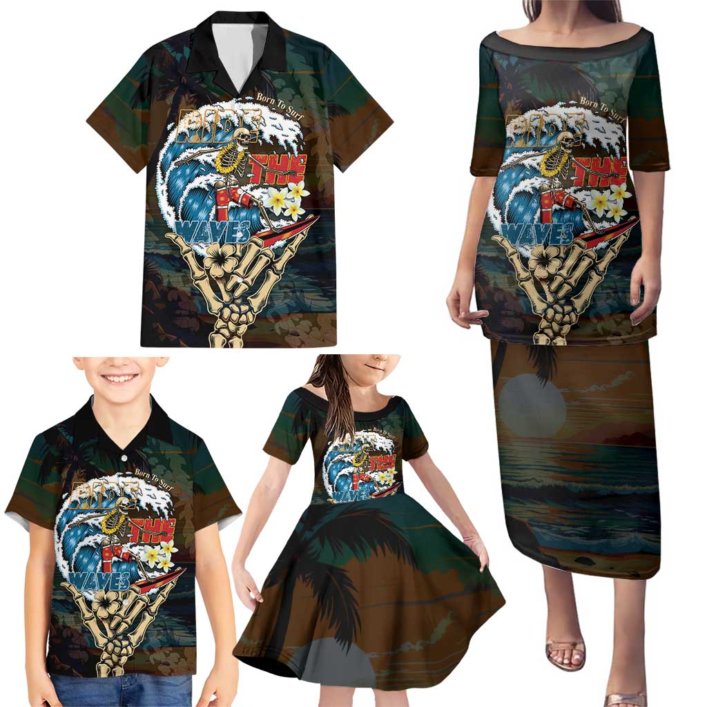 Aloha Hawaii Surfing Skull Family Matching Puletasi and Hawaiian Shirt Shaka Skeleton Ride The Waves - Wonder Print Shop