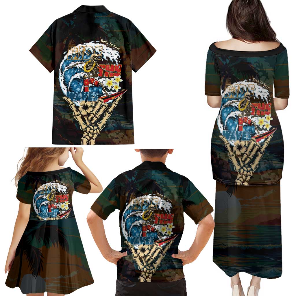 Aloha Hawaii Surfing Skull Family Matching Puletasi and Hawaiian Shirt Shaka Skeleton Ride The Waves - Wonder Print Shop