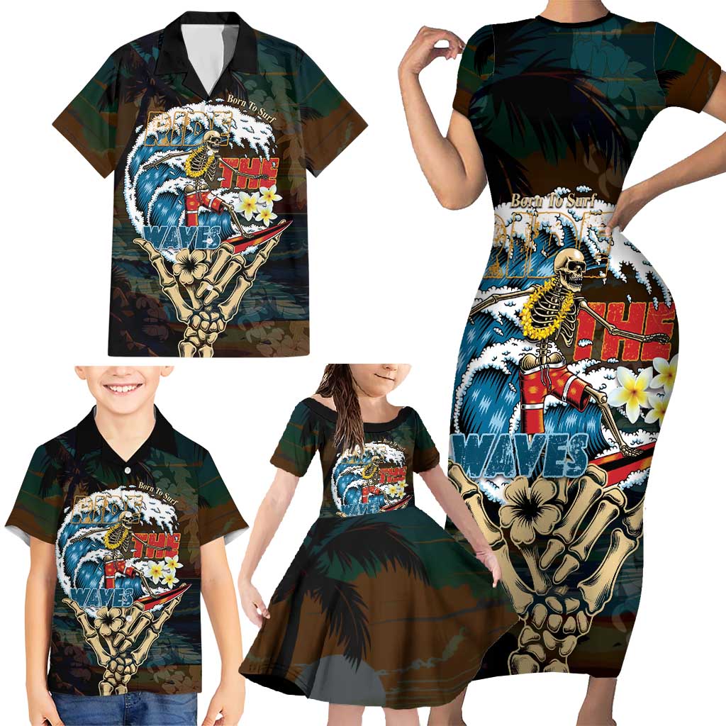 Aloha Hawaii Surfing Skull Family Matching Short Sleeve Bodycon Dress and Hawaiian Shirt Shaka Skeleton Ride The Waves - Wonder Print Shop