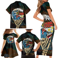 Aloha Hawaii Surfing Skull Family Matching Short Sleeve Bodycon Dress and Hawaiian Shirt Shaka Skeleton Ride The Waves - Wonder Print Shop