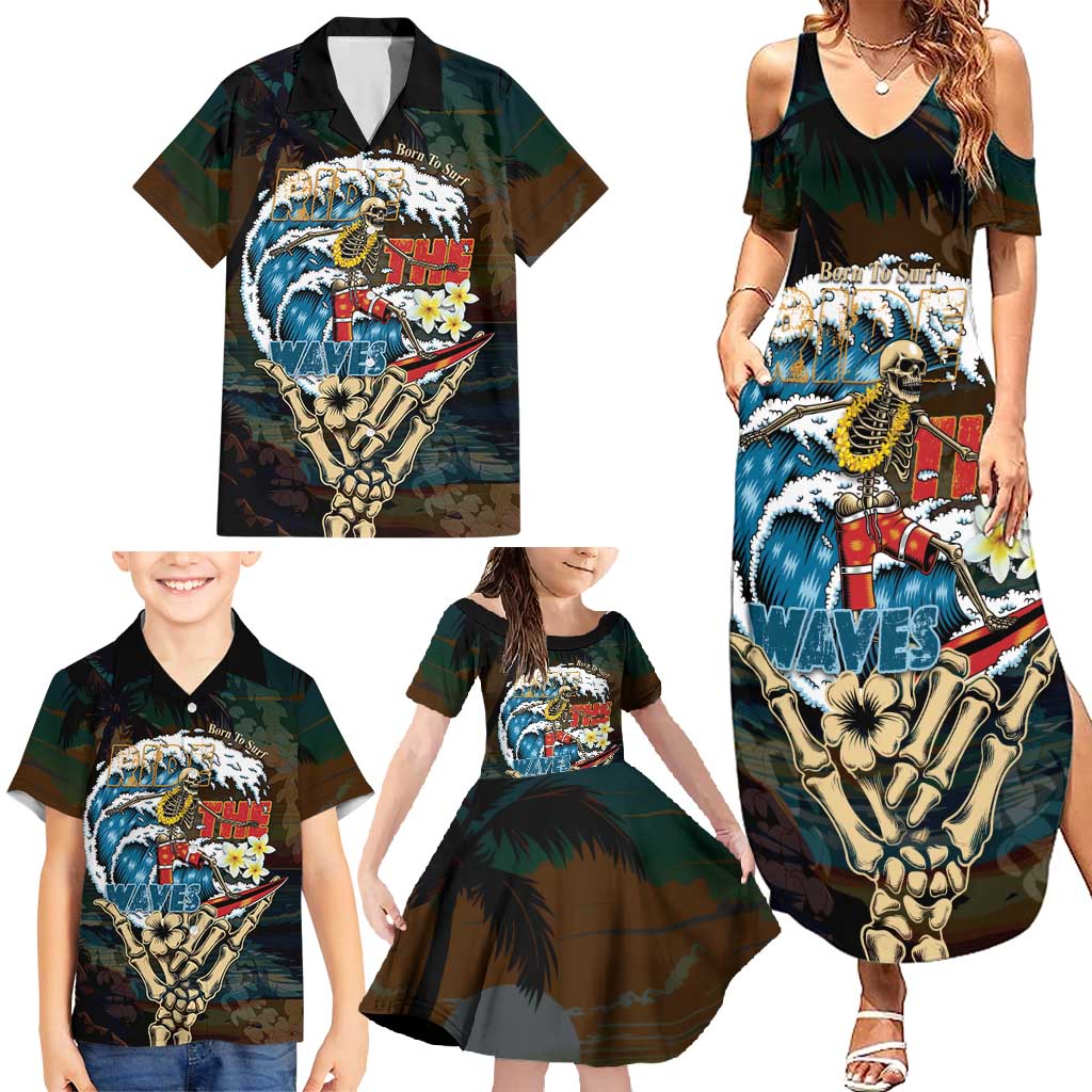 Aloha Hawaii Surfing Skull Family Matching Summer Maxi Dress and Hawaiian Shirt Shaka Skeleton Ride The Waves - Wonder Print Shop