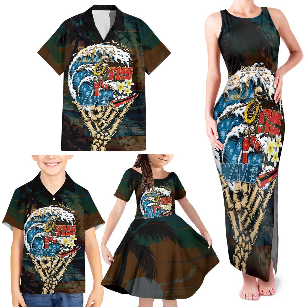 Aloha Hawaii Surfing Skull Family Matching Tank Maxi Dress and Hawaiian Shirt Shaka Skeleton Ride The Waves - Wonder Print Shop