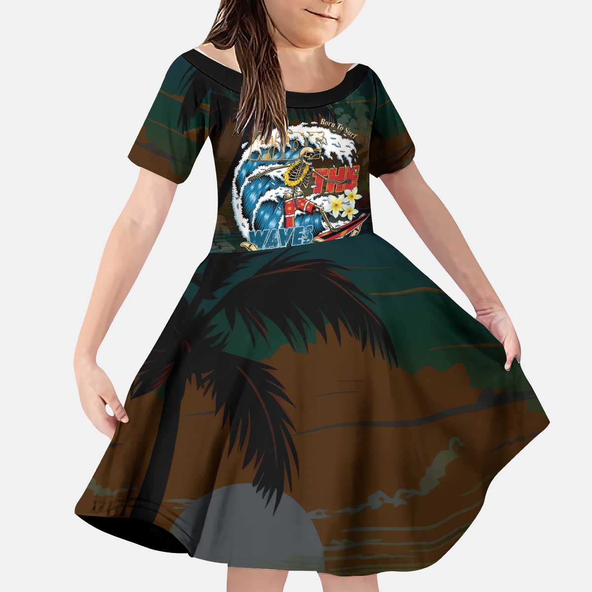 Aloha Hawaii Surfing Skull Kid Short Sleeve Dress Shaka Skeleton Ride The Waves - Wonder Print Shop
