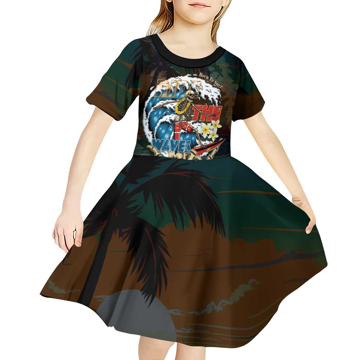 Aloha Hawaii Surfing Skull Kid Short Sleeve Dress Shaka Skeleton Ride The Waves - Wonder Print Shop