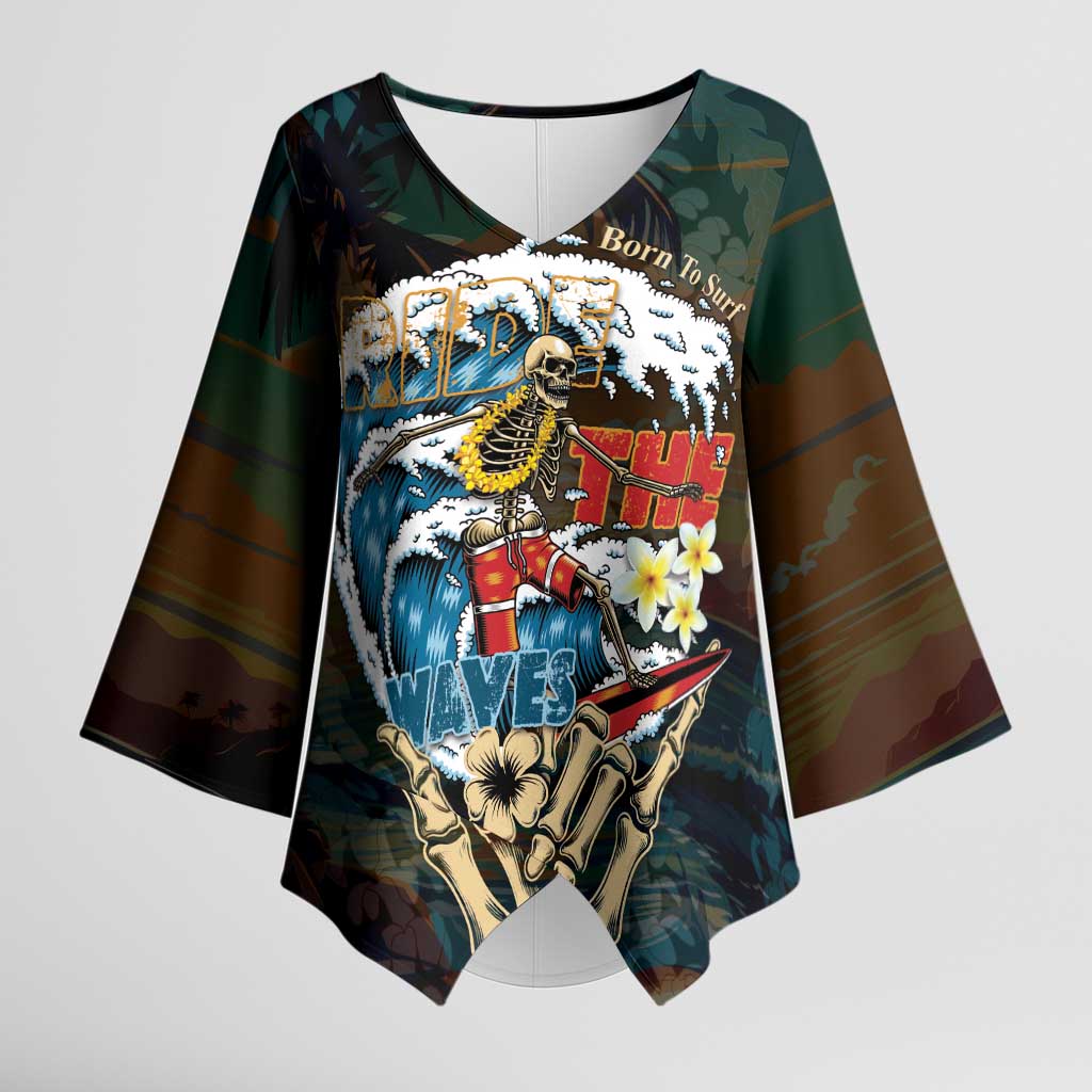 Aloha Hawaii Surfing Skull Kimono Sleeve Blouse Shaka Skeleton Ride The Waves - Wonder Print Shop