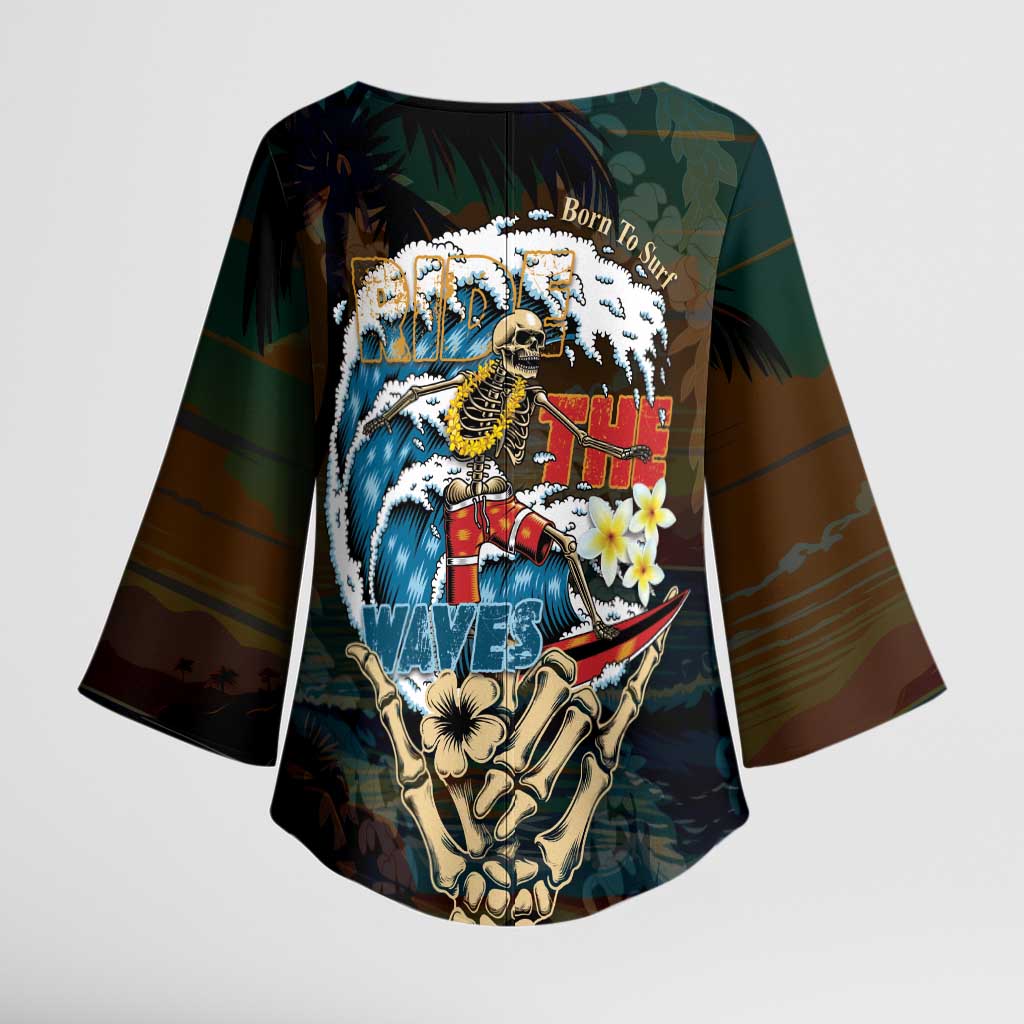 Aloha Hawaii Surfing Skull Kimono Sleeve Blouse Shaka Skeleton Ride The Waves - Wonder Print Shop