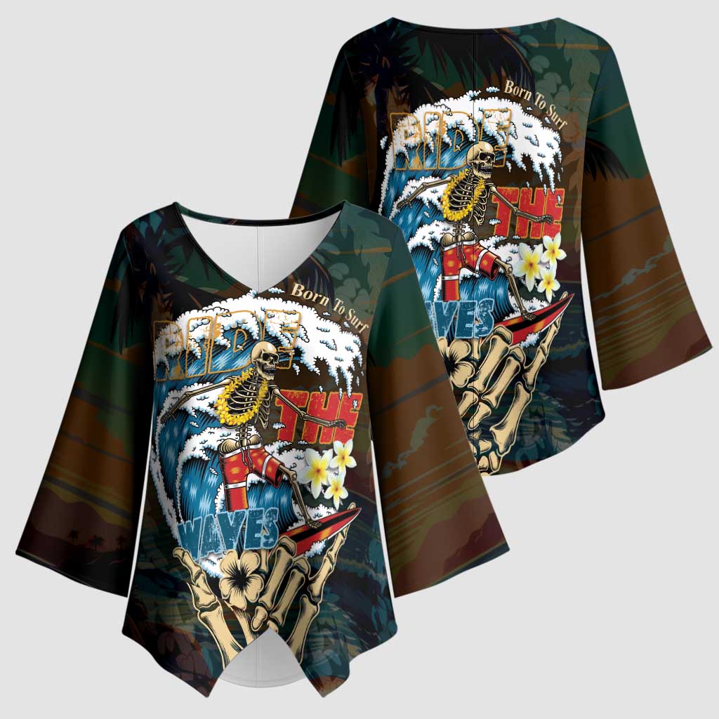 Aloha Hawaii Surfing Skull Kimono Sleeve Blouse Shaka Skeleton Ride The Waves - Wonder Print Shop