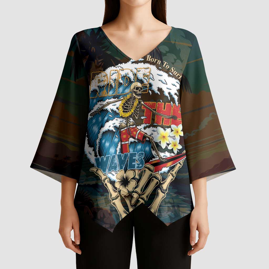 Aloha Hawaii Surfing Skull Kimono Sleeve Blouse Shaka Skeleton Ride The Waves - Wonder Print Shop