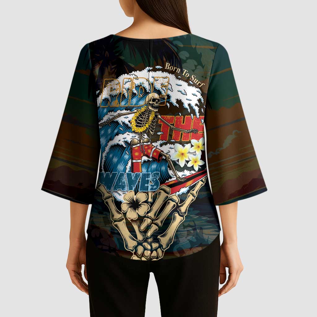 Aloha Hawaii Surfing Skull Kimono Sleeve Blouse Shaka Skeleton Ride The Waves - Wonder Print Shop