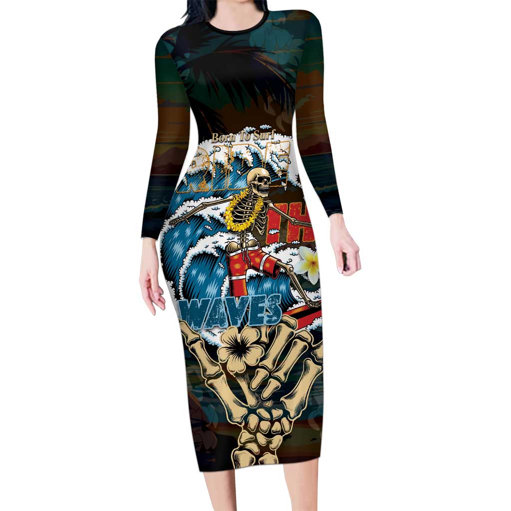 Aloha Hawaii Surfing Skull Long Sleeve Bodycon Dress Shaka Skeleton Ride The Waves - Wonder Print Shop