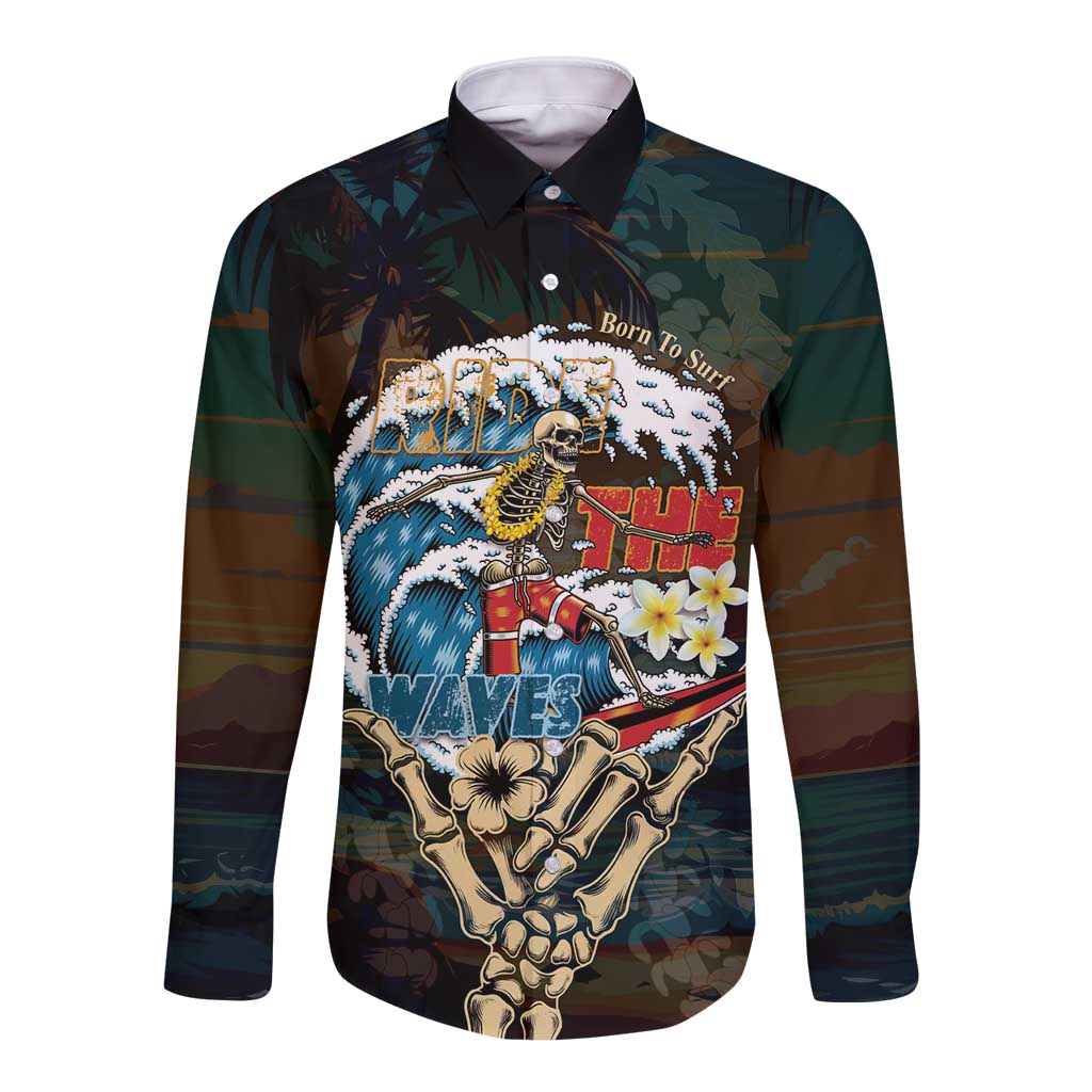Aloha Hawaii Surfing Skull Long Sleeve Button Shirt Shaka Skeleton Ride The Waves - Wonder Print Shop
