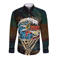 Aloha Hawaii Surfing Skull Long Sleeve Button Shirt Shaka Skeleton Ride The Waves - Wonder Print Shop