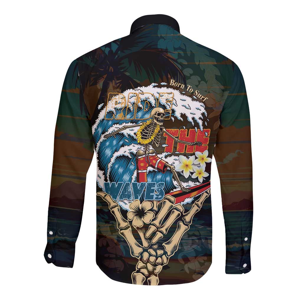 Aloha Hawaii Surfing Skull Long Sleeve Button Shirt Shaka Skeleton Ride The Waves - Wonder Print Shop