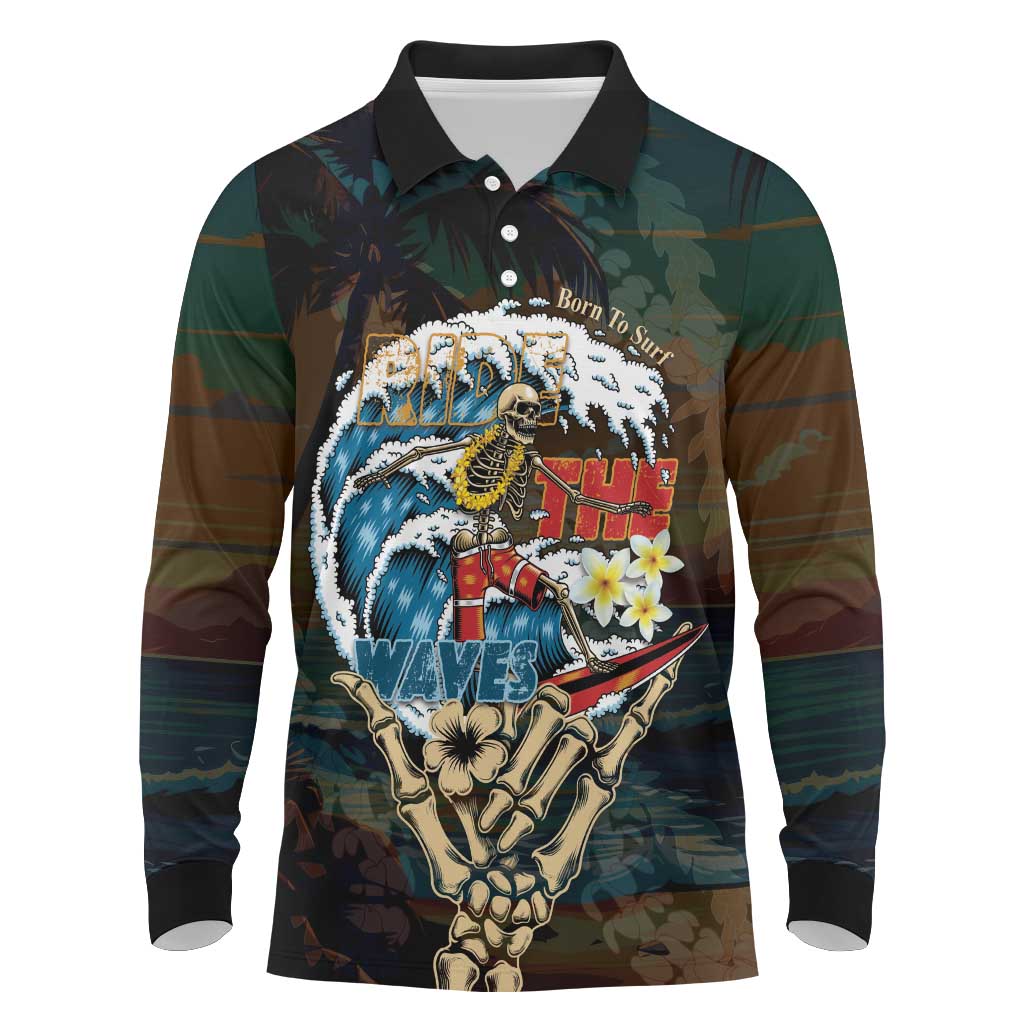 Aloha Hawaii Surfing Skull Long Sleeve Polo Shirt Shaka Skeleton Ride The Waves - Wonder Print Shop