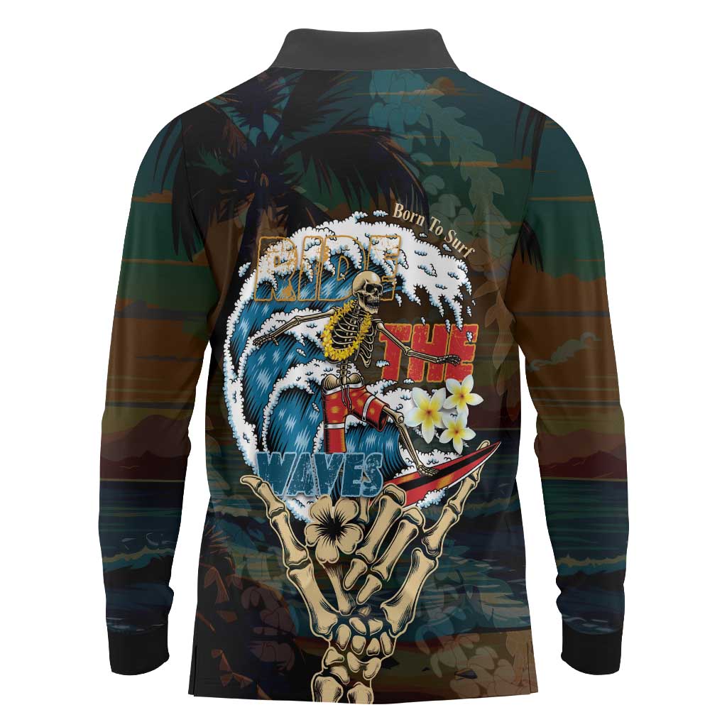 Aloha Hawaii Surfing Skull Long Sleeve Polo Shirt Shaka Skeleton Ride The Waves - Wonder Print Shop