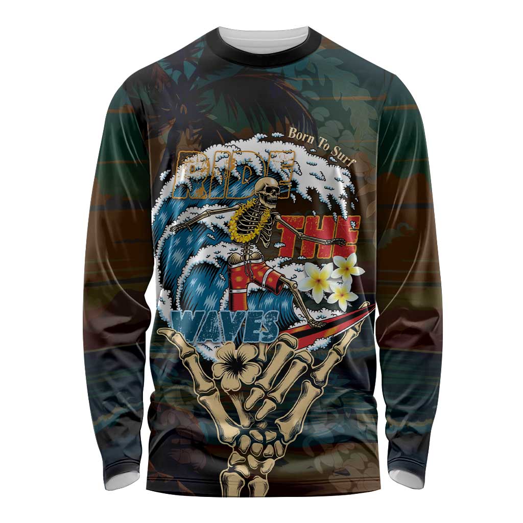 Aloha Hawaii Surfing Skull Long Sleeve Shirt Shaka Skeleton Ride The Waves - Wonder Print Shop