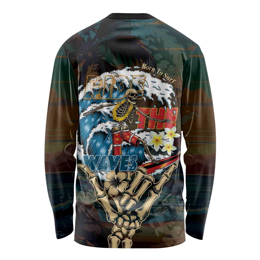 Aloha Hawaii Surfing Skull Long Sleeve Shirt Shaka Skeleton Ride The Waves - Wonder Print Shop