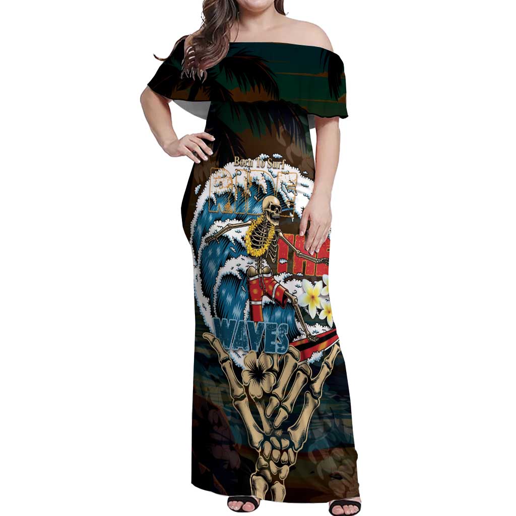 Aloha Hawaii Surfing Skull Off Shoulder Maxi Dress Shaka Skeleton Ride The Waves - Wonder Print Shop