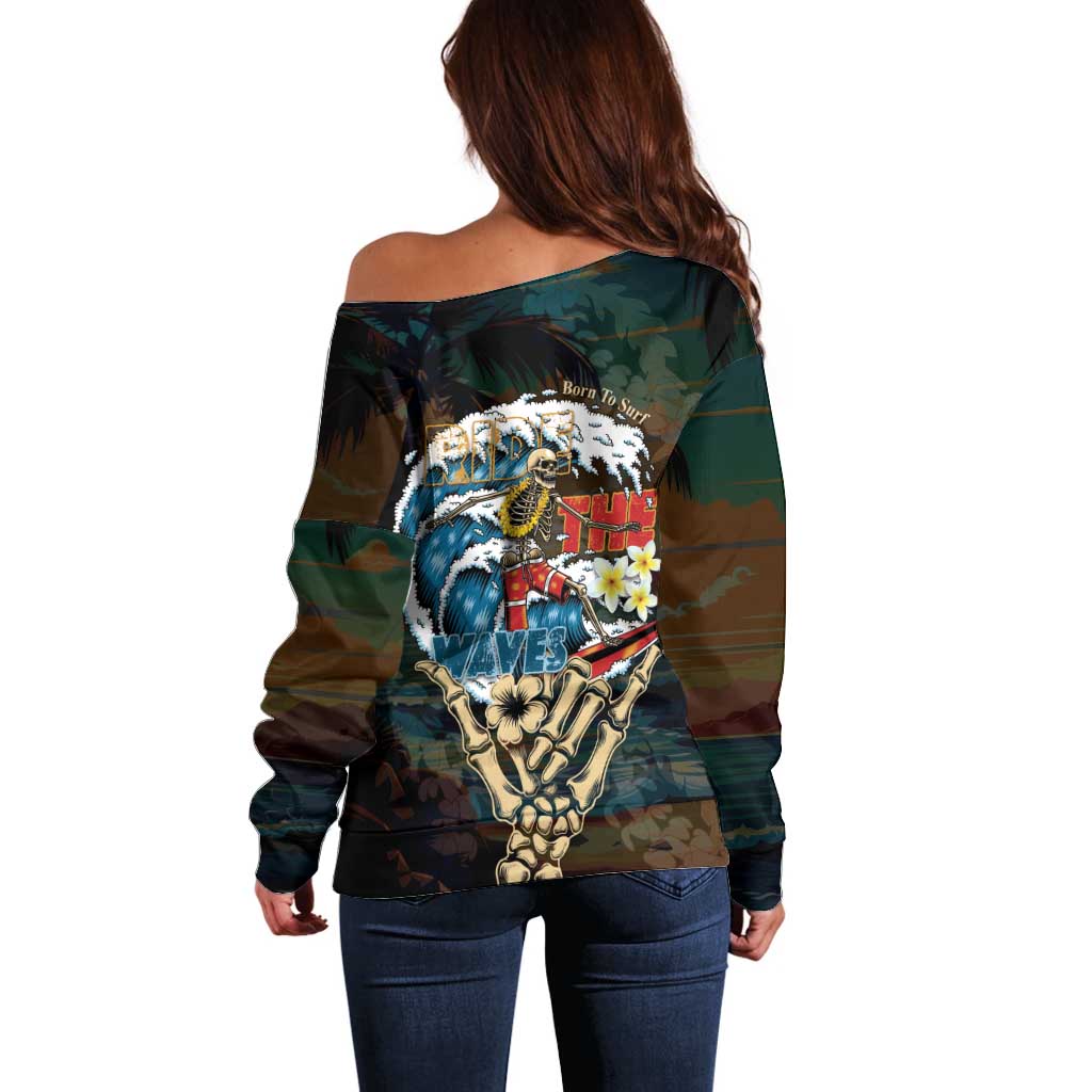 Aloha Hawaii Surfing Skull Off Shoulder Sweater Shaka Skeleton Ride The Waves - Wonder Print Shop