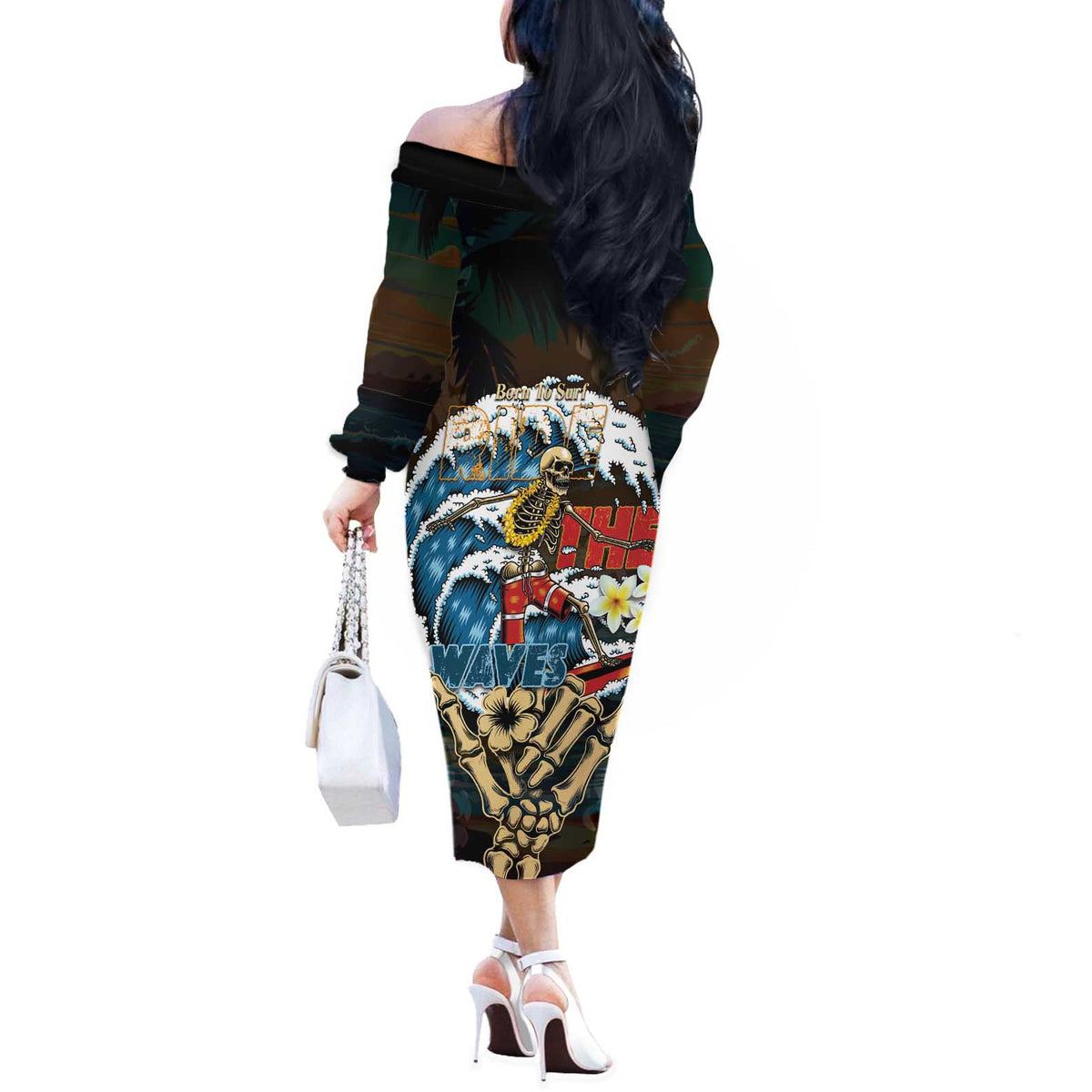 Aloha Hawaii Surfing Skull Off The Shoulder Long Sleeve Dress Shaka Skeleton Ride The Waves - Wonder Print Shop