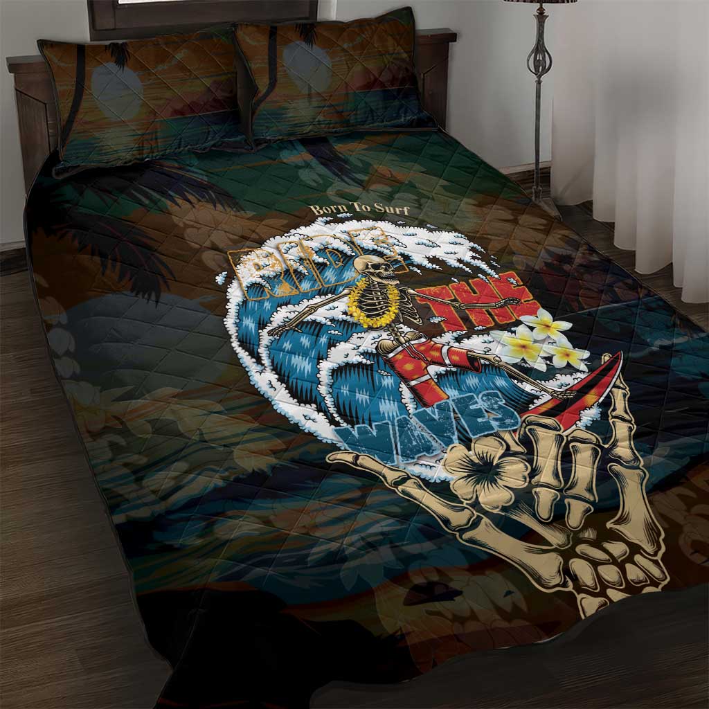 Aloha Hawaii Surfing Skull Quilt Bed Set Shaka Skeleton Ride The Waves - Wonder Print Shop