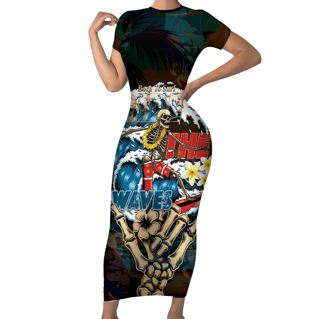 Aloha Hawaii Surfing Skull Short Sleeve Bodycon Dress Shaka Skeleton Ride The Waves - Wonder Print Shop