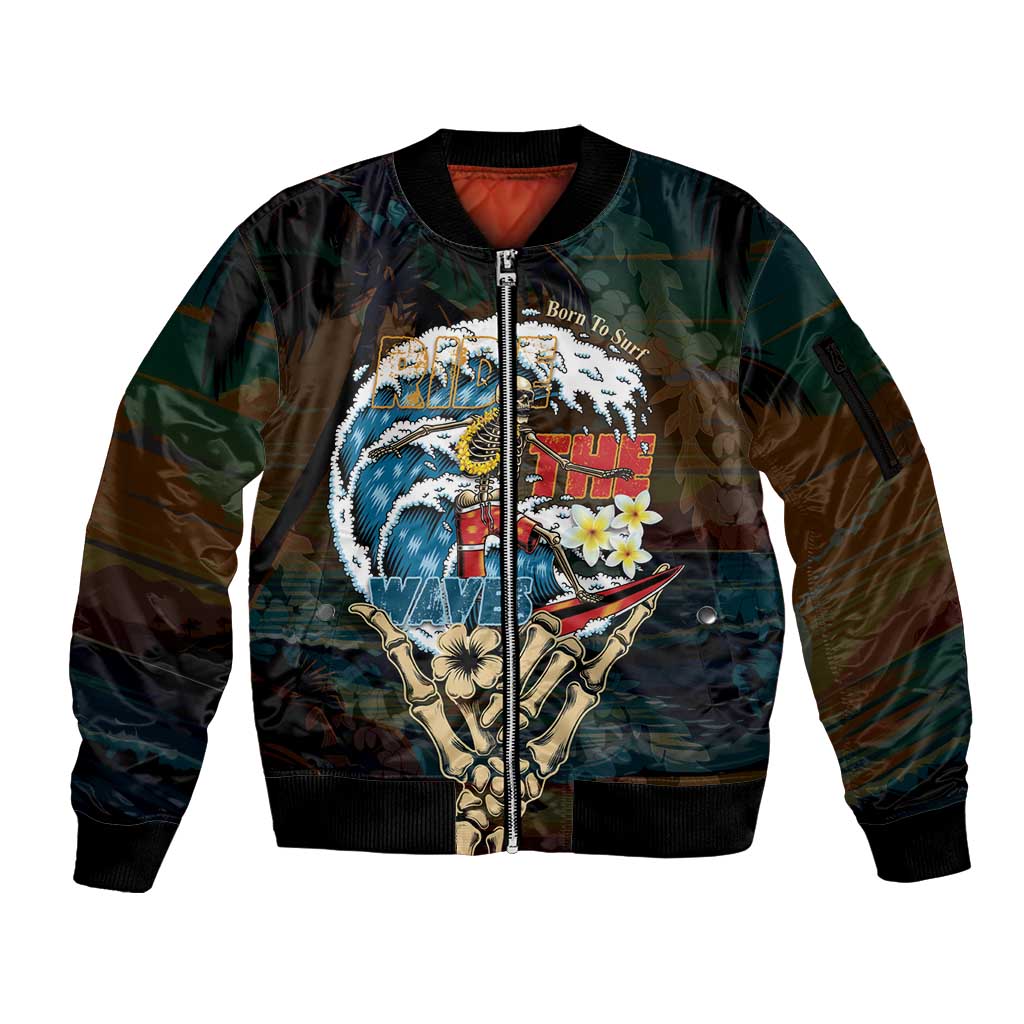 Aloha Hawaii Surfing Skull Sleeve Zip Bomber Jacket Shaka Skeleton Ride The Waves - Wonder Print Shop
