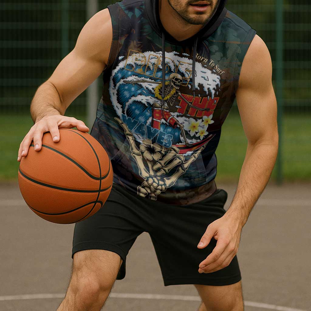 Aloha Hawaii Surfing Skull Sleeveless Hoodie Shaka Skeleton Ride The Waves - Wonder Print Shop