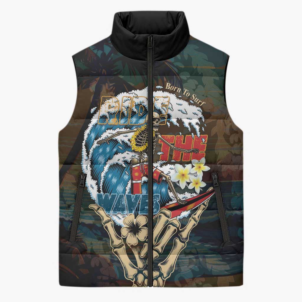 Aloha Hawaii Surfing Skull Sleeveless Puffer Jacket Shaka Skeleton Ride The Waves - Wonder Print Shop