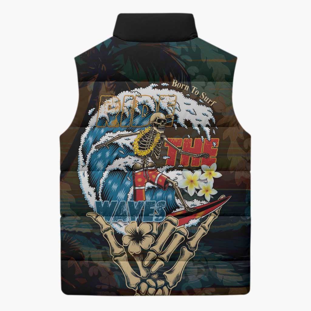 Aloha Hawaii Surfing Skull Sleeveless Puffer Jacket Shaka Skeleton Ride The Waves - Wonder Print Shop