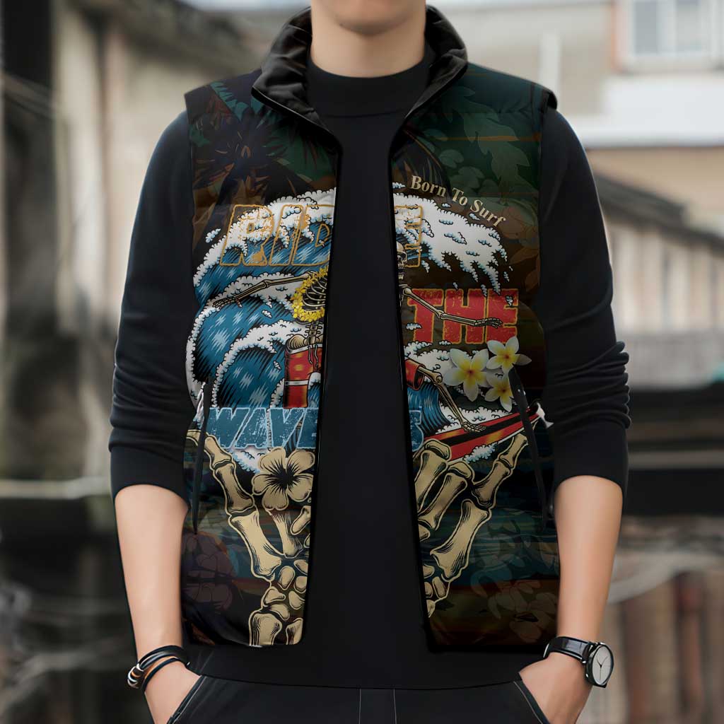 Aloha Hawaii Surfing Skull Sleeveless Puffer Jacket Shaka Skeleton Ride The Waves - Wonder Print Shop
