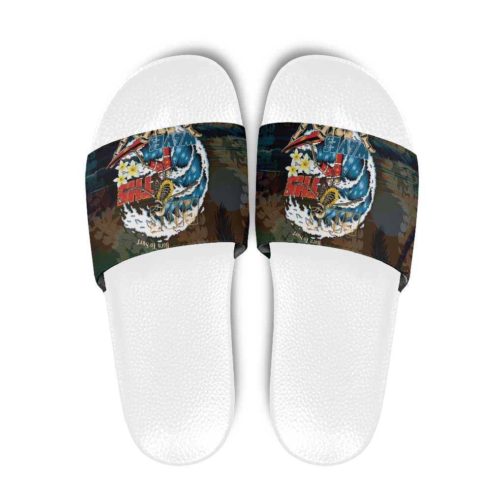 Aloha Hawaii Surfing Skull Slide Sandals Shaka Skeleton Ride The Waves - Wonder Print Shop